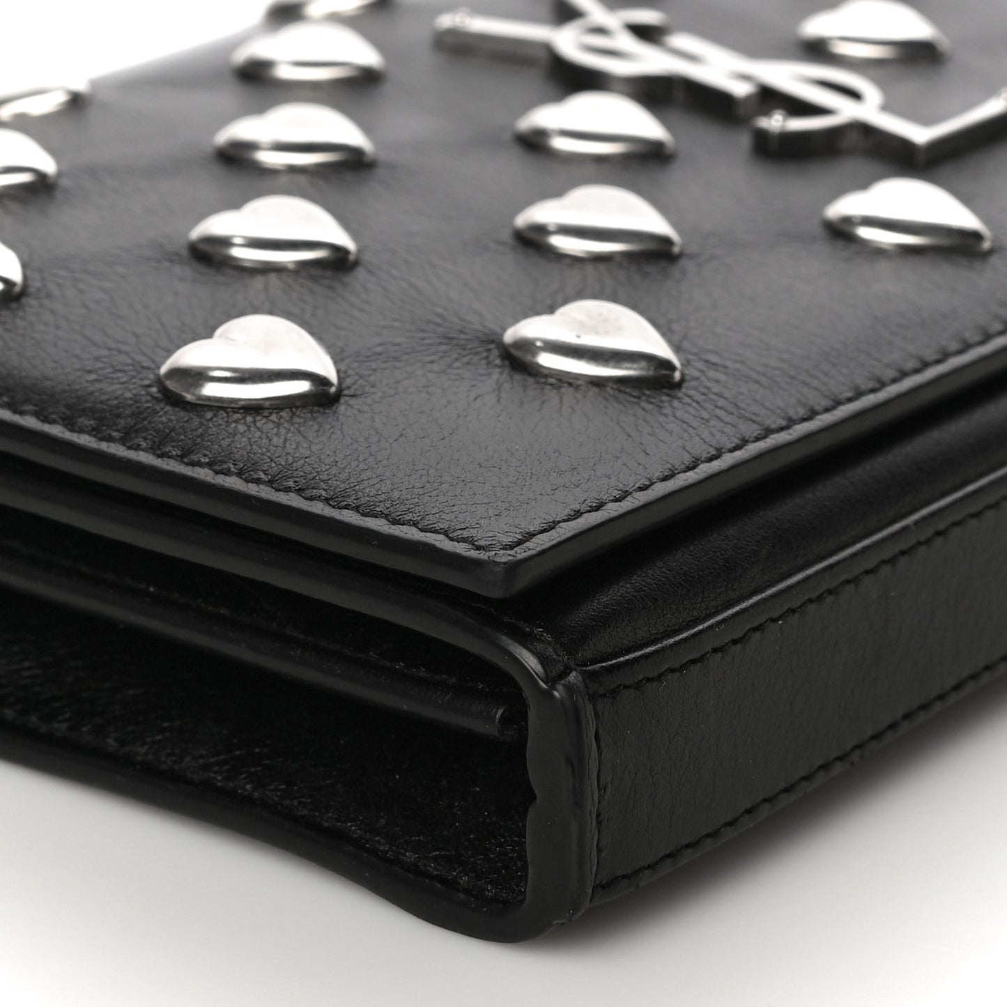 Calfskin Heart Studded Monogram Chain Wallet Black