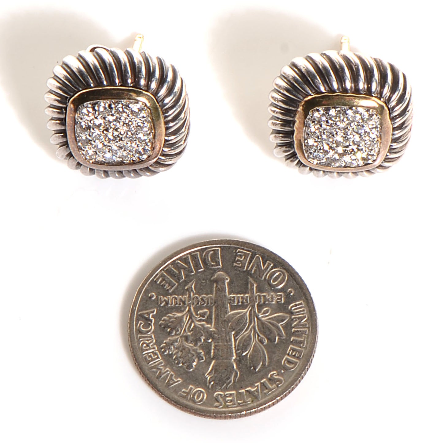 Sterling Silver 18k Yellow Gold Pave Diamond 13mm Albion Earrings