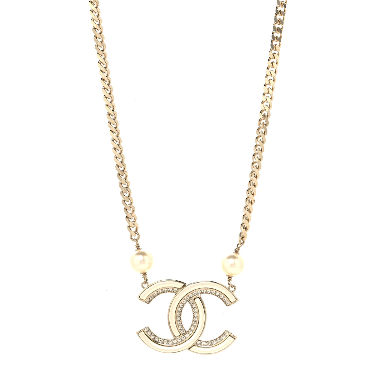 Resin Crystal Pearl CC Pendant Necklace Gold