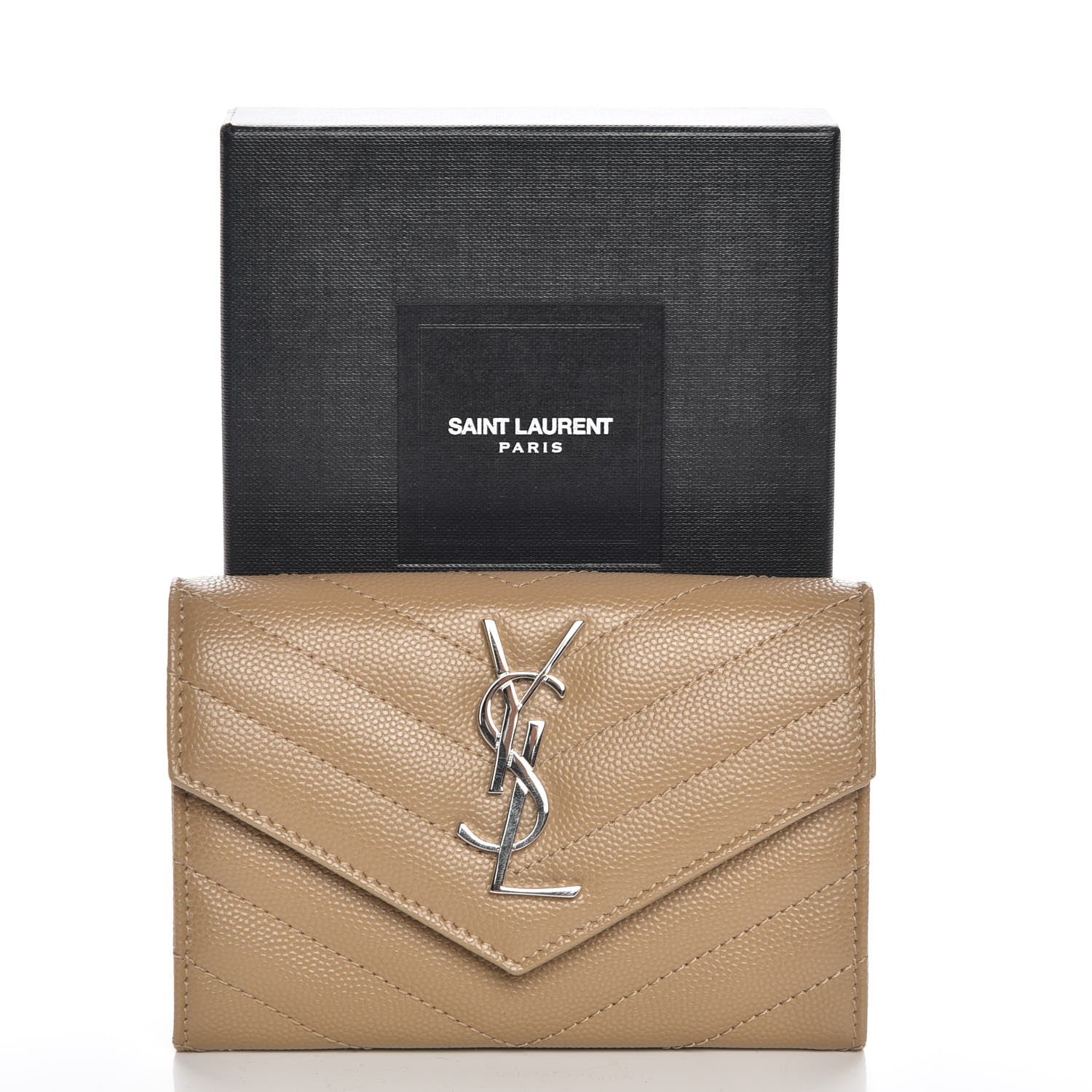 Saint Laurent Grain De Poudre Matelasse Chevron Small Monogram Envelope Wallet Dark Beige 8 of 8