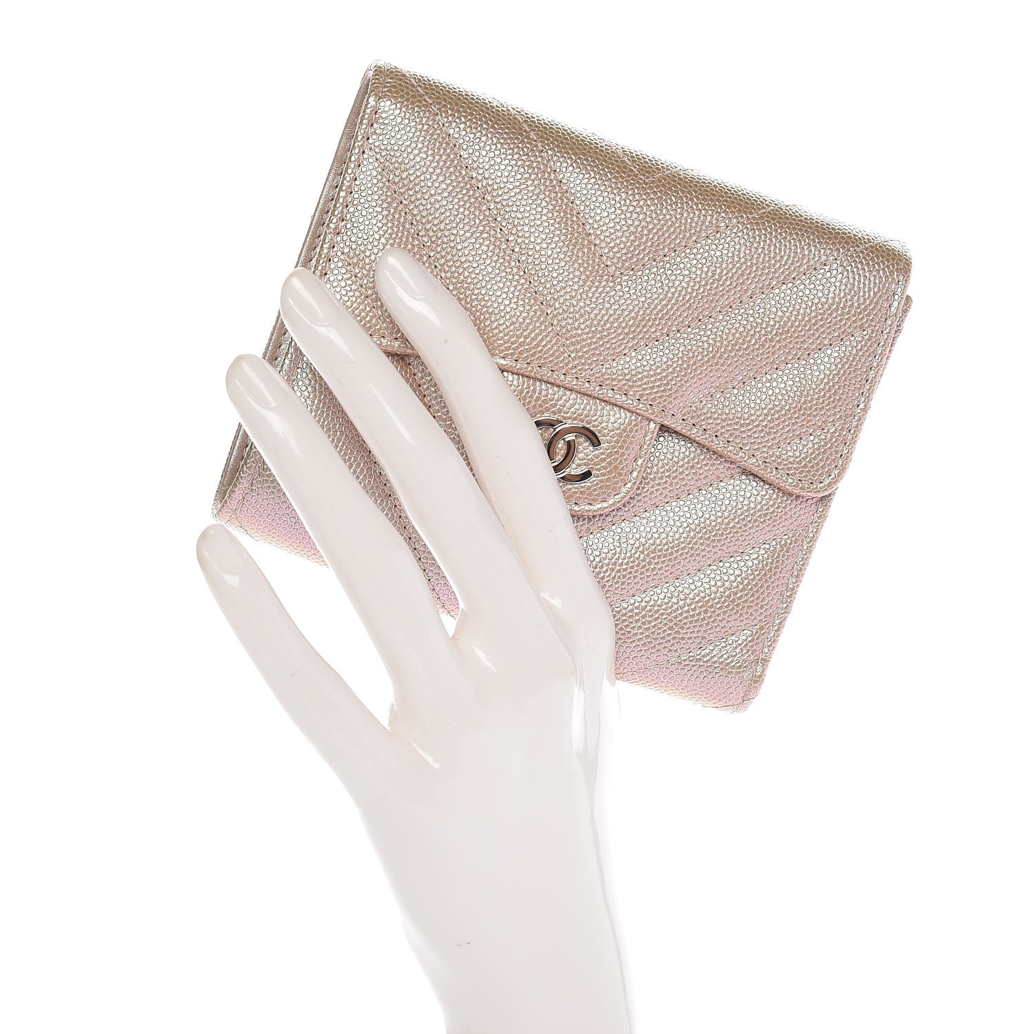 Chanel Metallic Caviar Chevron Quilted Compact Flap Wallet Light Gold 2 of 9