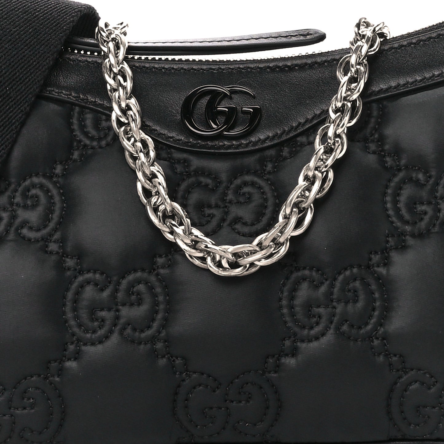 Nylon Calfskin Enamel GG Matelasse Chain Handbag Black