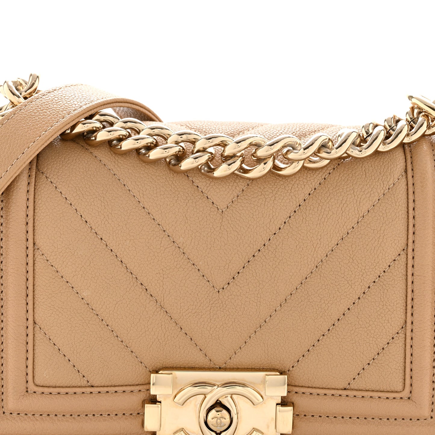Caviar Chevron Quilted Small Boy Flap Dark Beige