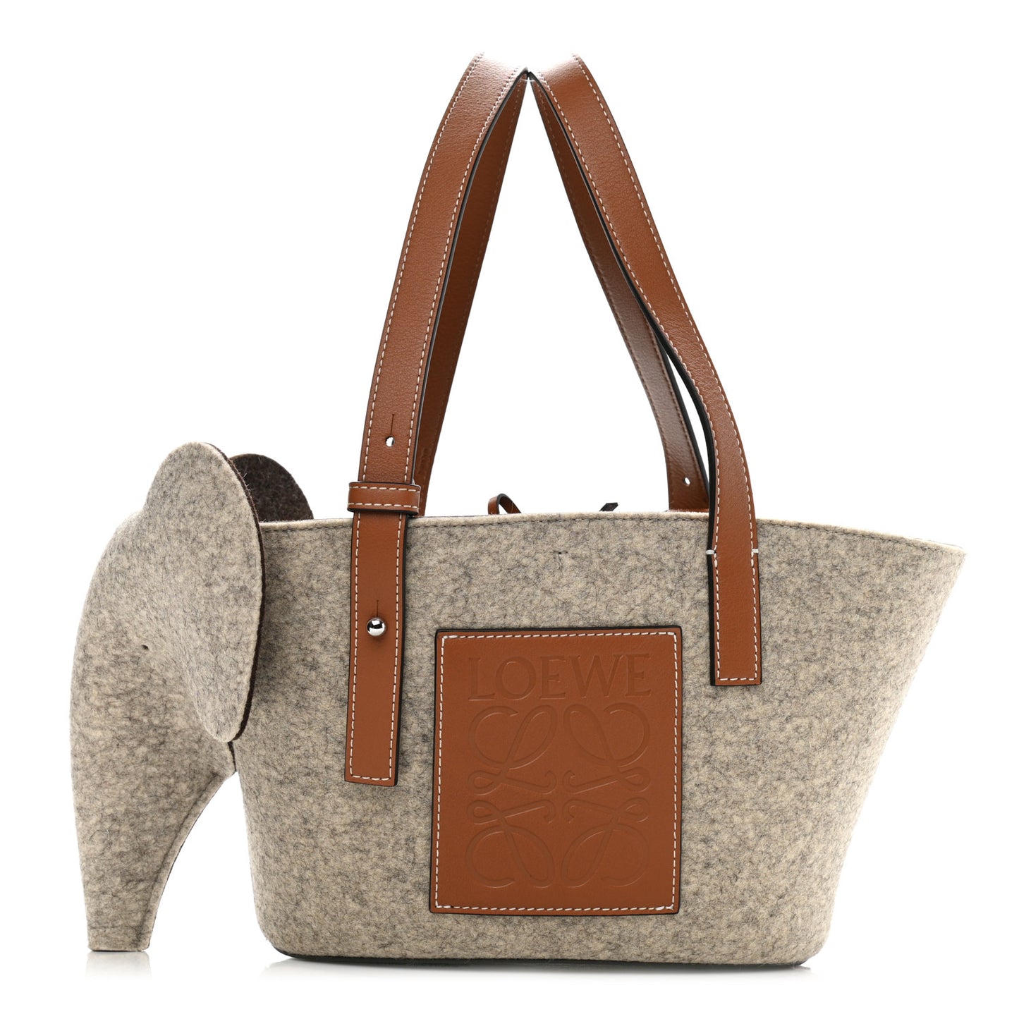 Felt Calfskin Elephant Basket Tote Beige Brown