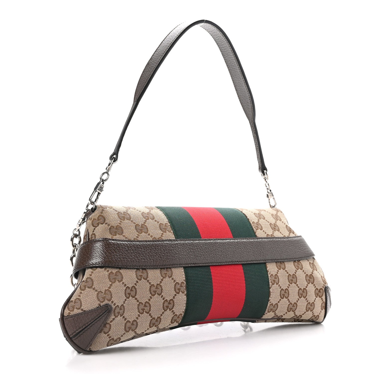 Gucci Monogram Textured Dollar Calfskin Heavy Grosgrain Web Medium Maxi Horsebit Chain Shoulder Bag Beige Ebony New Acero 3 of 9