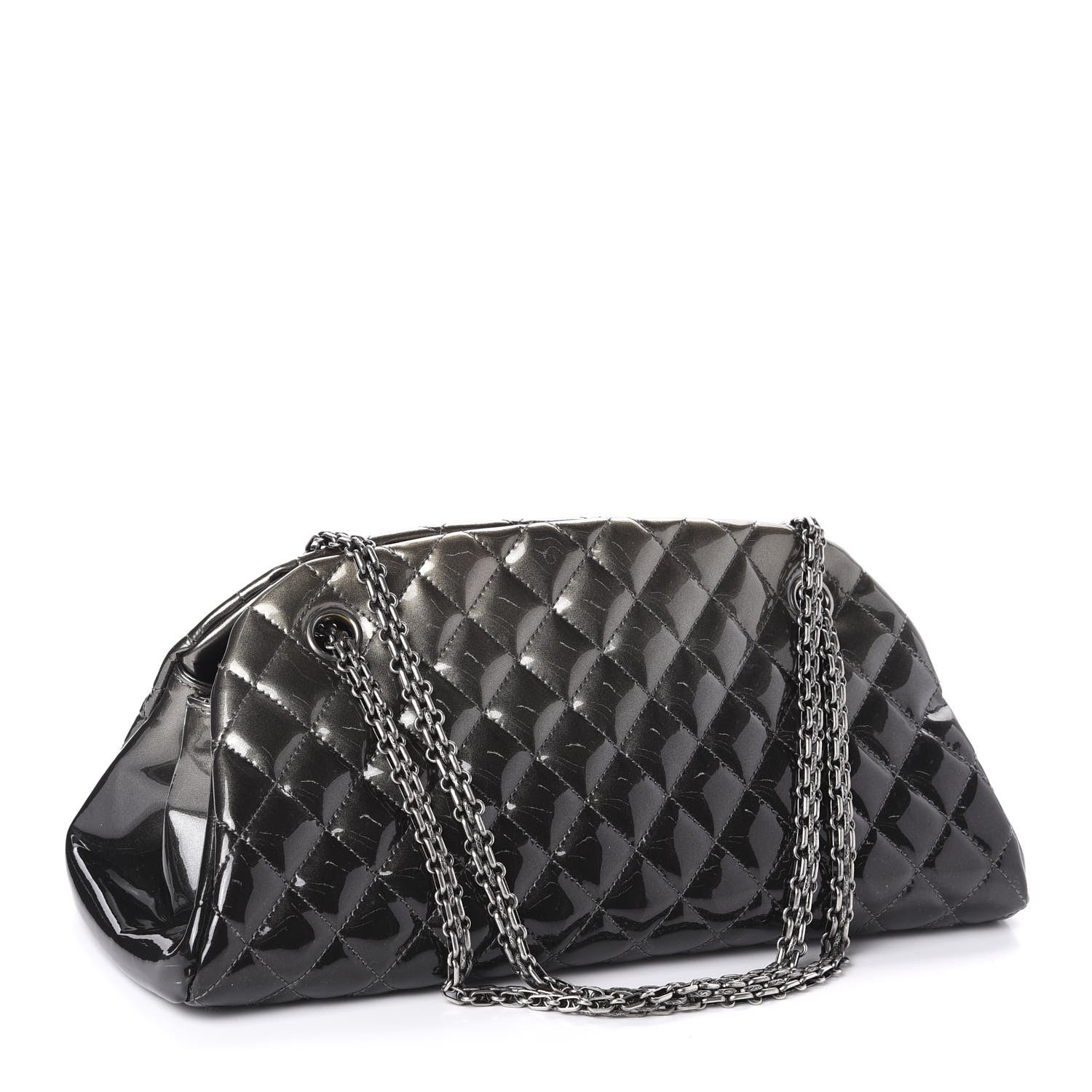 Chanel Metallic Patent Quilted Medium Just Mademoiselle Bowling Bag Silver Degrade 3 of 12