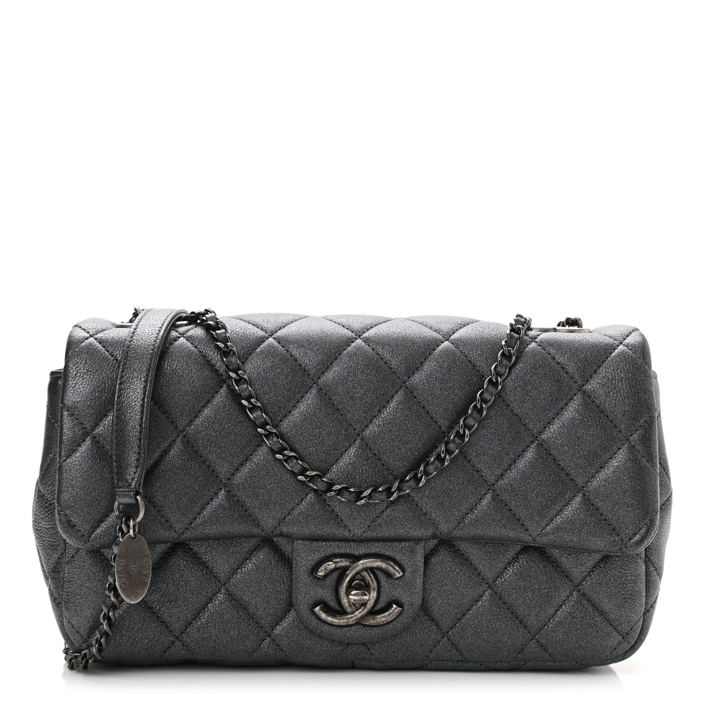 Metallic Calfskin Quilted Medium CC Eyelet Flap Dark Silver