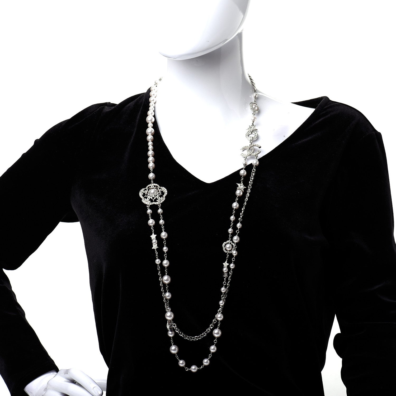 Chanel Crystal Pearl CC Necklace Silver 2 of 8
