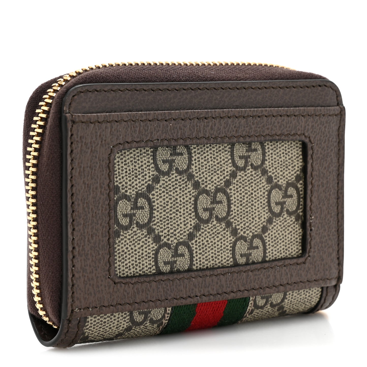 GG Supreme Monogram Textured Dollar Calfskin Web Ophidia Zip Around Card Case Wallet Beige Ebony New Acero