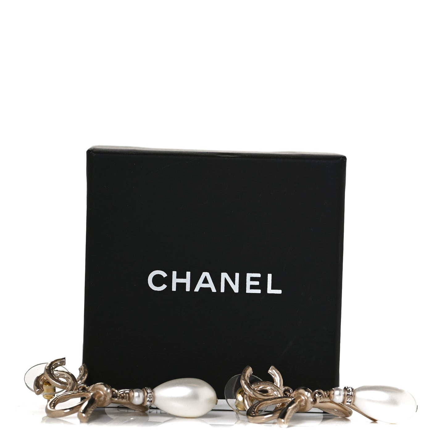 Pearl Crystal CC Bow Drop Earrings Gold Pearly White