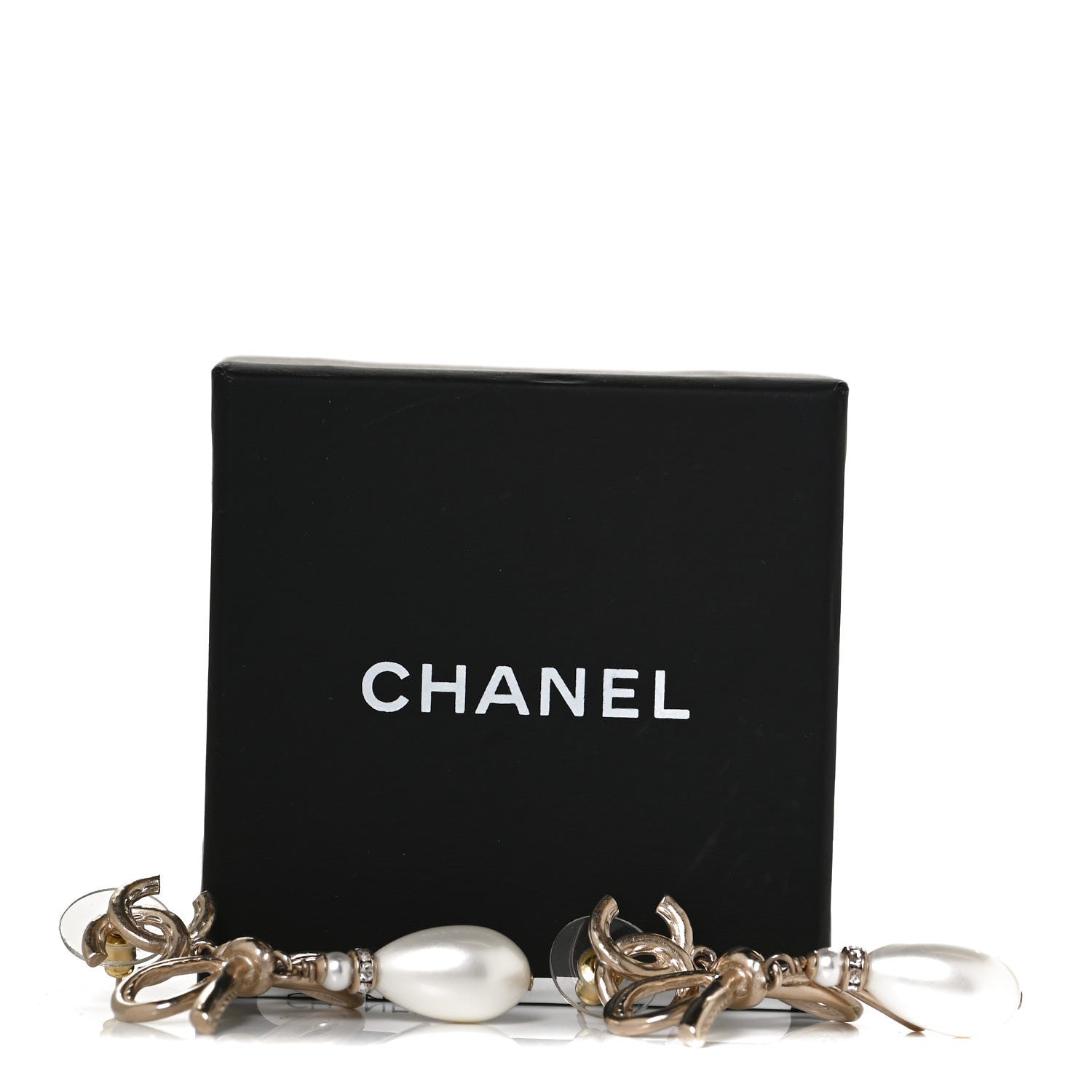 Chanel Pearl Crystal CC Bow Drop Earrings Gold Pearly White 6 of 6
