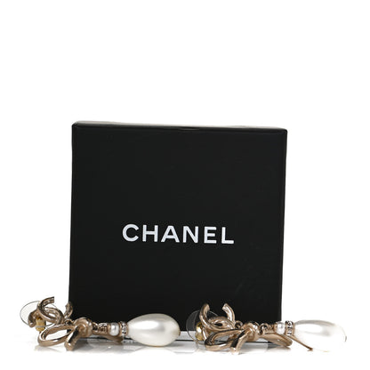 Chanel Pearl Crystal CC Bow Drop Earrings Gold Pearly White 6 of 6