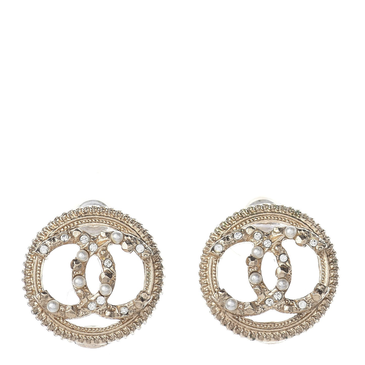 Pearl Crystal CC Round Earrings Gold