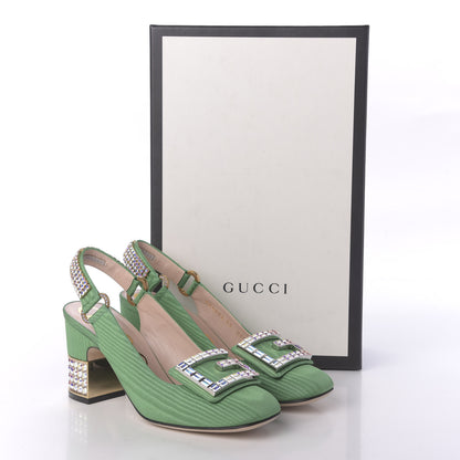 Gucci Moire Fabric Crystal Square G Madelyn Slingbacks 35 New Shamarock 9 of 9