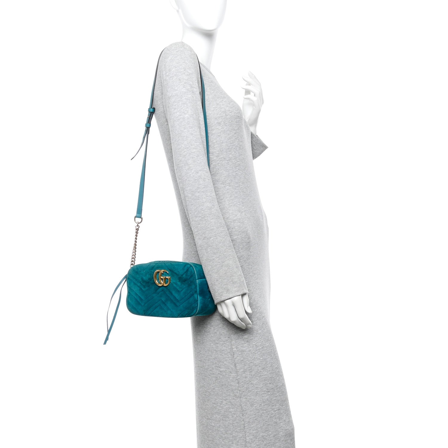Gucci Velvet Matelasse Small GG Marmont Chain Shoulder Bag Pavone Cyan 2 of 12