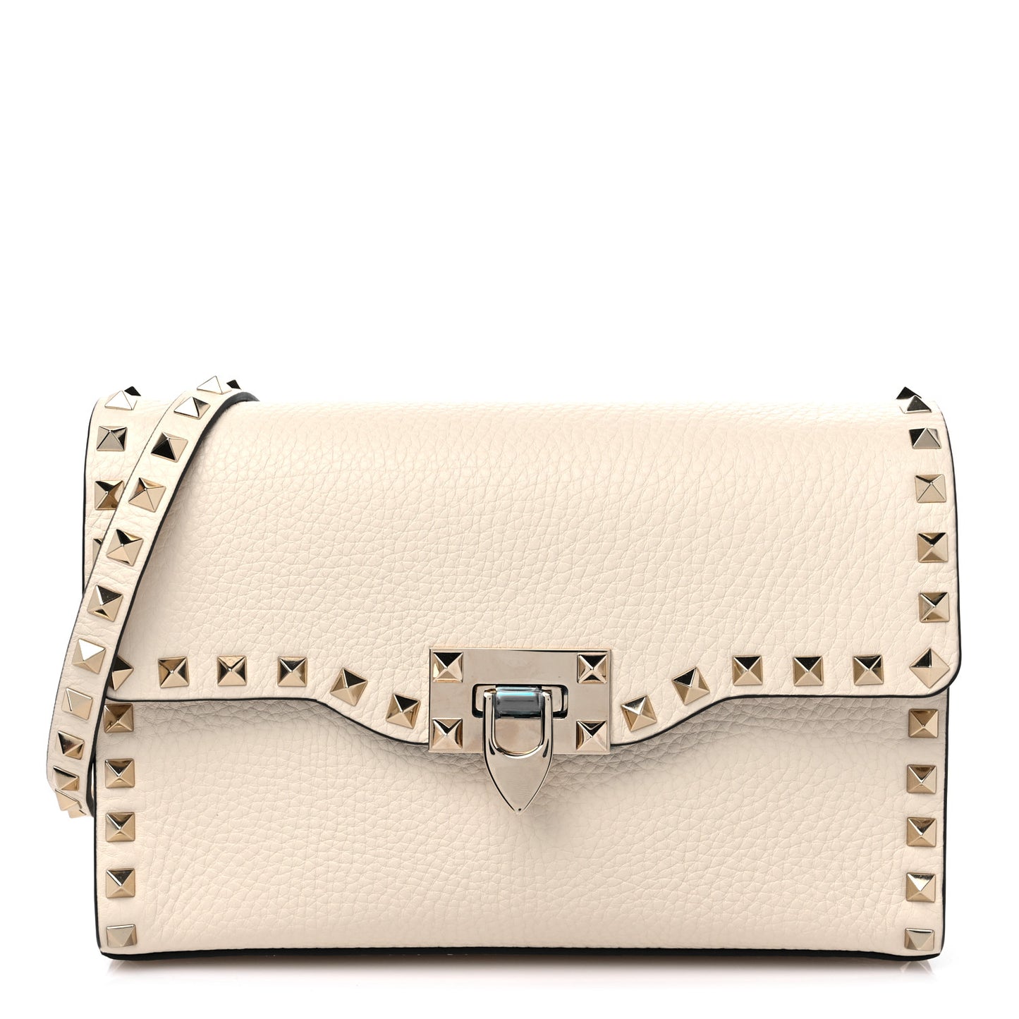Pebbled Calfskin Medium Rockstud Flip Lock Crossbody Bag Light Ivory
