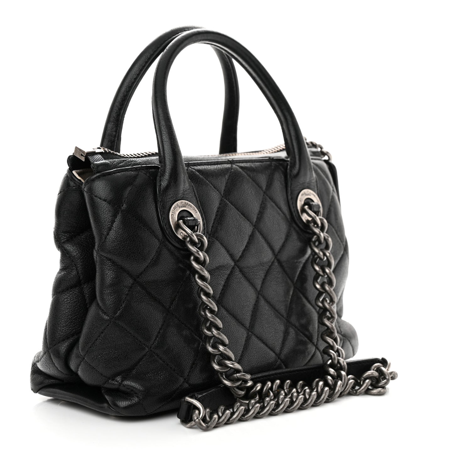 Shiny Sheepskin Quilted Small Shopping Tote Black
