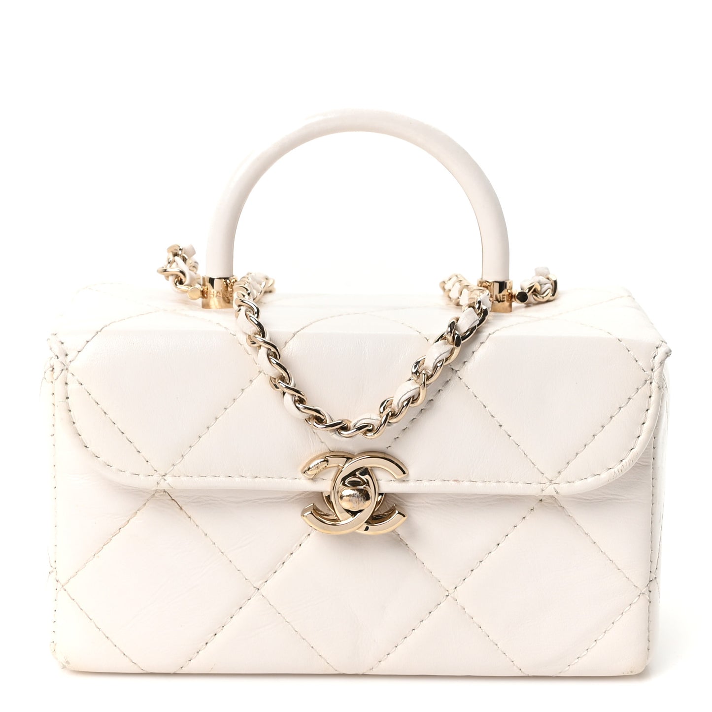 Shiny Calfskin Quilted CC Handle Vanity Flap Bag White