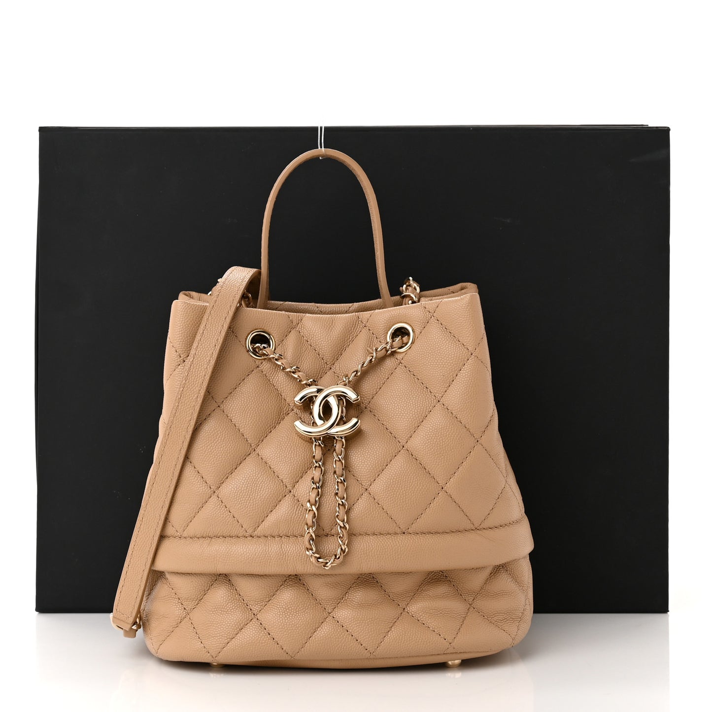 Caviar Quilted Rolled Up Bucket Drawstring Bag Beige
