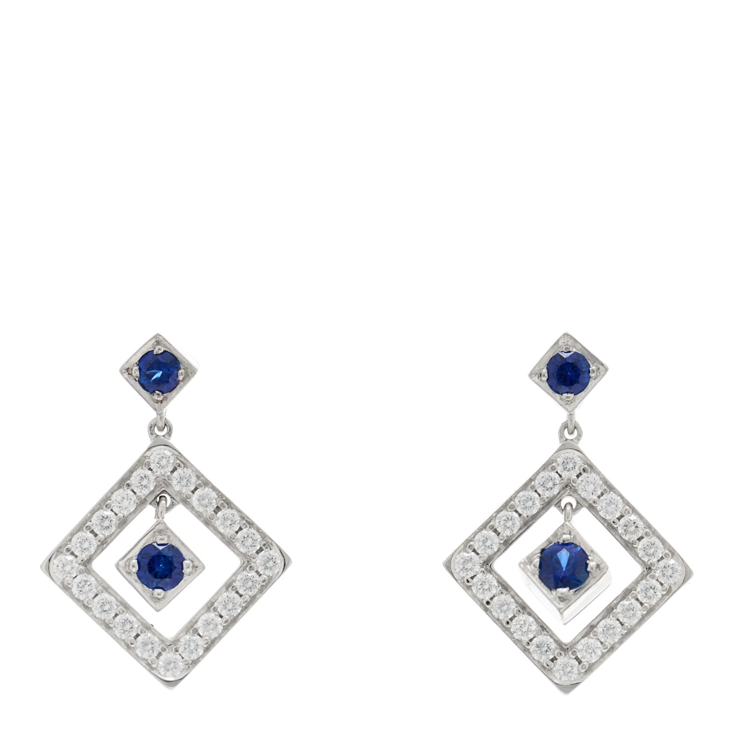 Platinum Diamond Blue Sapphire Open Square Drop Earrings