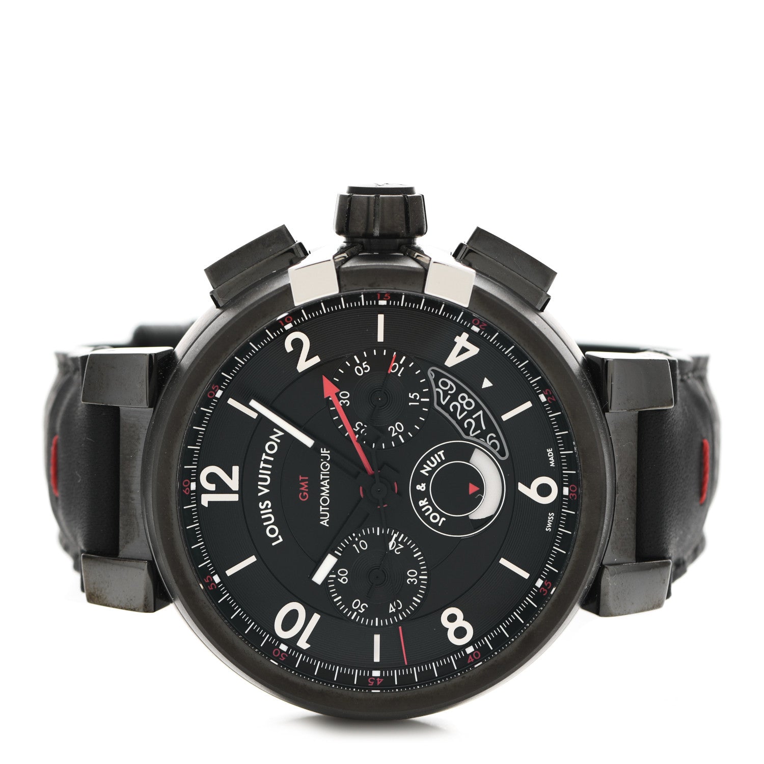 Louis Vuitton Stainless Steel Calfskin 45mm Tambour Chronograph GMT Automatic Watch Black 2 of 5