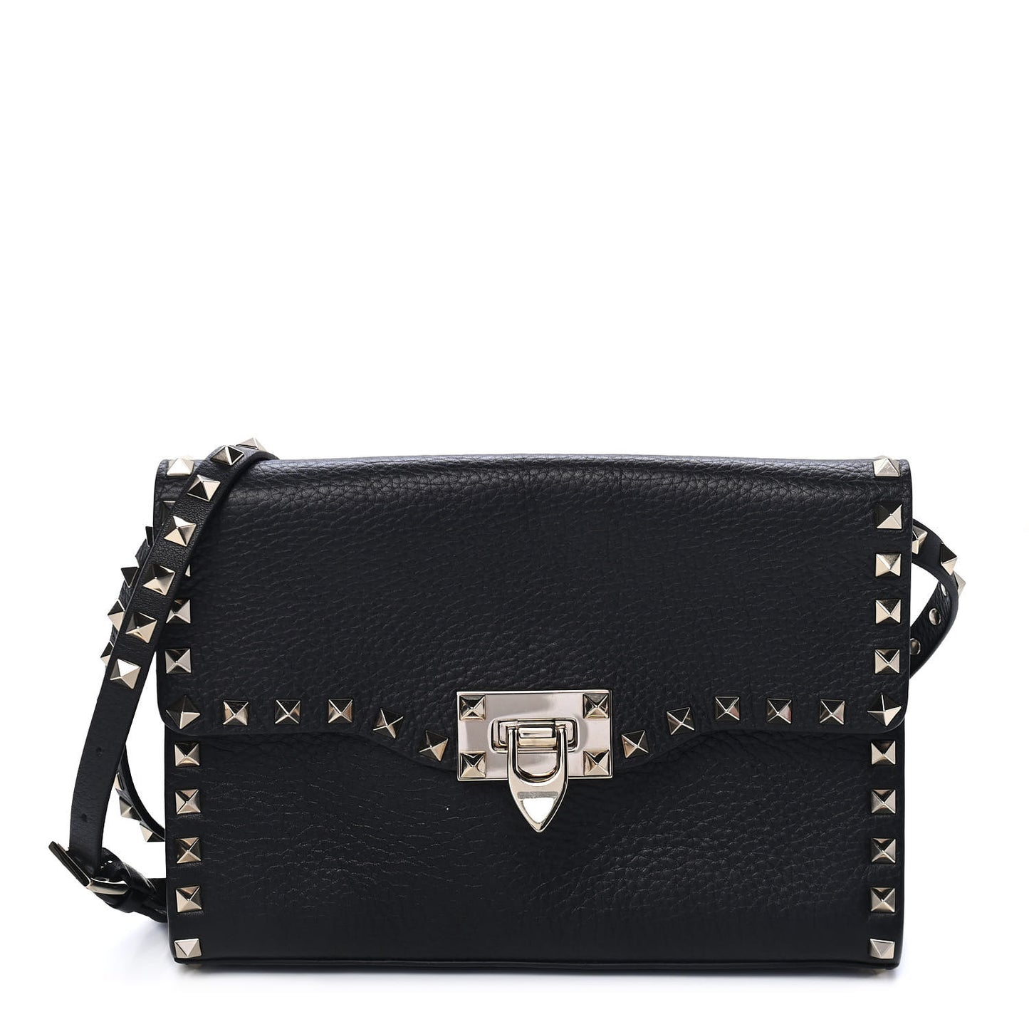 Pebbled Calfskin Medium Rockstud Flip Lock Crossbody Bag Black