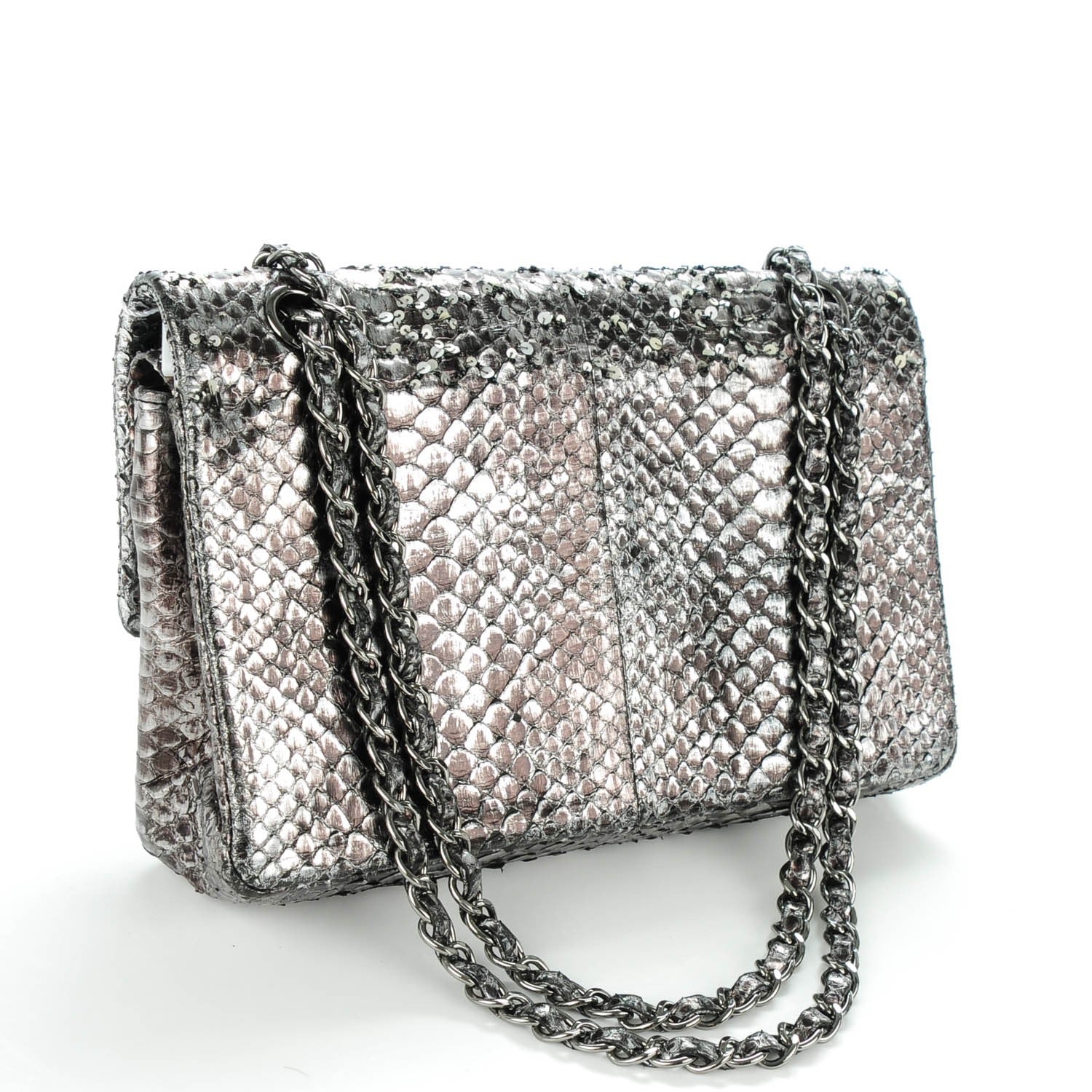 Chanel Metallic Python Sequin Medium Double Flap SIlver 3 of 8