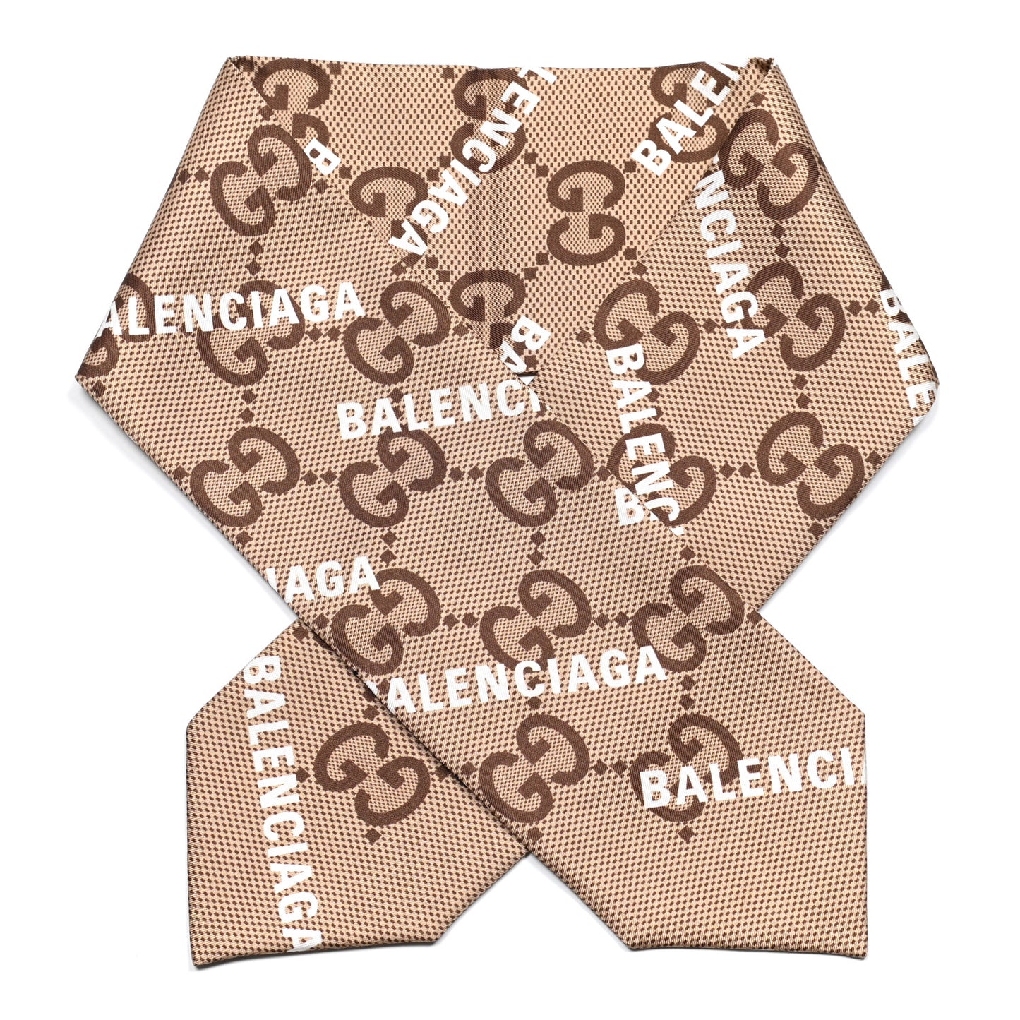 X BALENCIAGA Silk Twill Maxi GG Monogram GG B Neck Bow Scarf Beige White