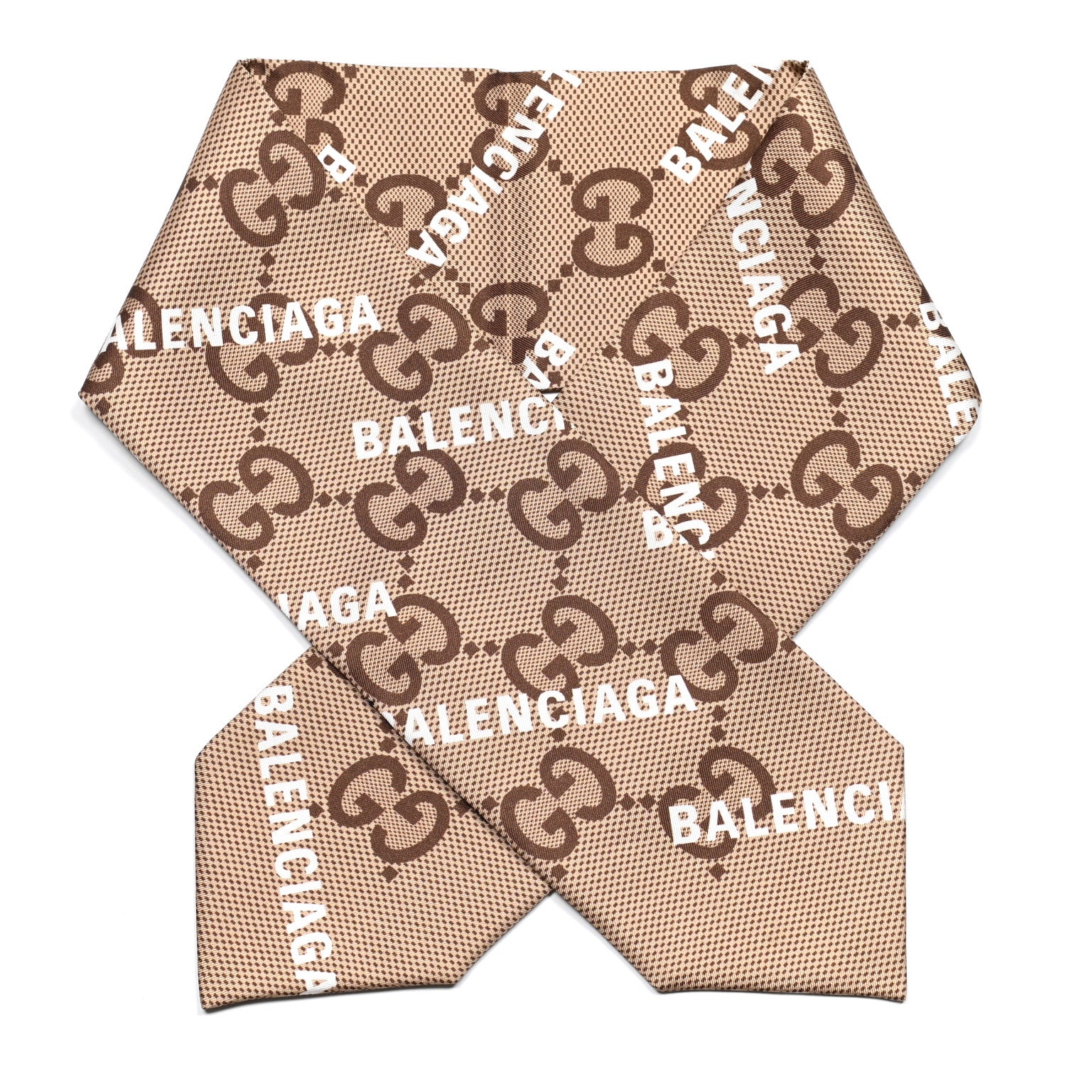Gucci X BALENCIAGA Silk Twill Maxi GG Monogram GG B Neck Bow Scarf Beige White 1 of 3