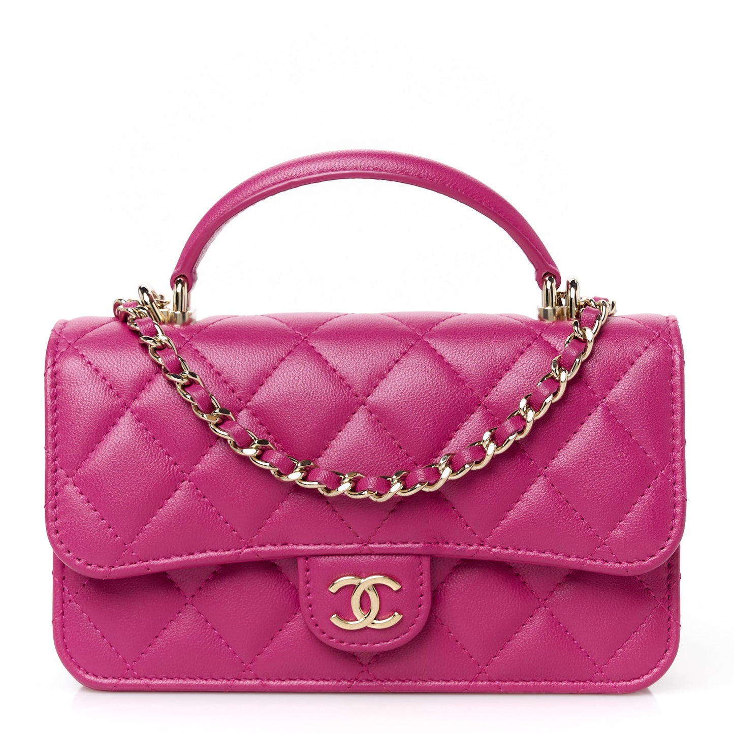 Lambskin Quilted Flap Phone Holder With Chain Fuchsia