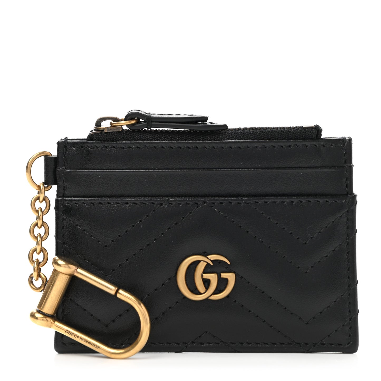 Calfskin Matelasse Chevron GG Marmont Key Case Card Holder Black