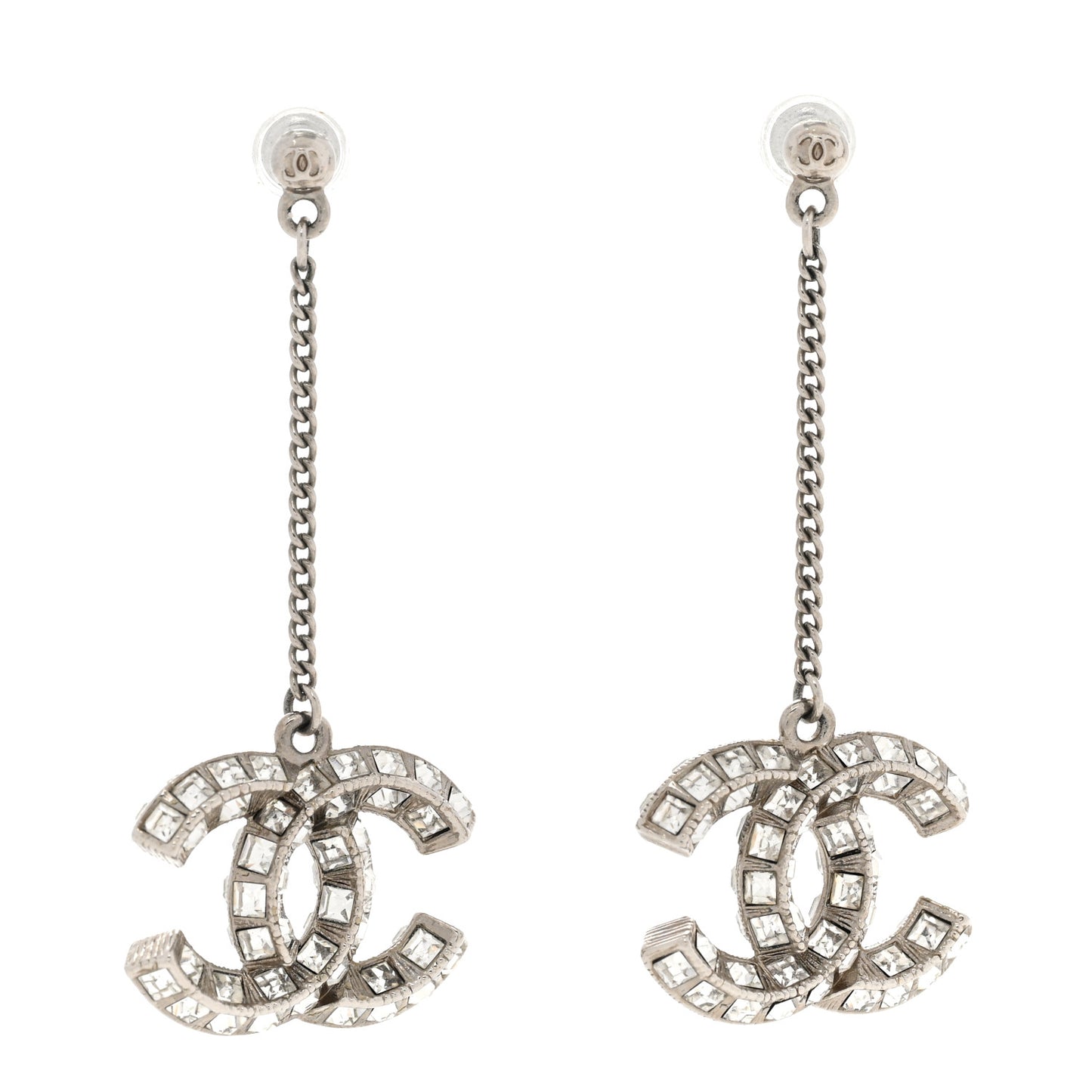 Baguette Crystal CC Drop Earrings Silver