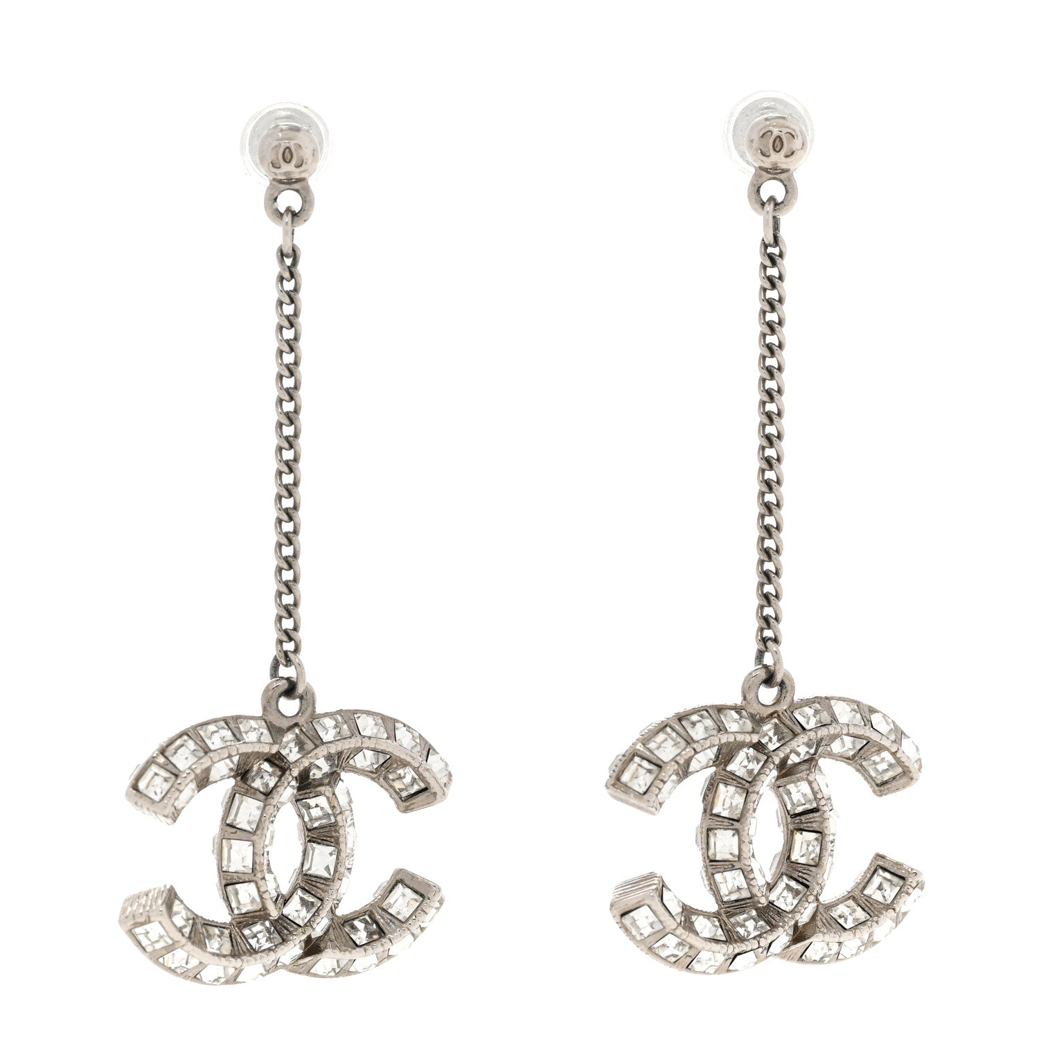 Chanel Baguette Crystal CC Drop Earrings Silver 1 of 4