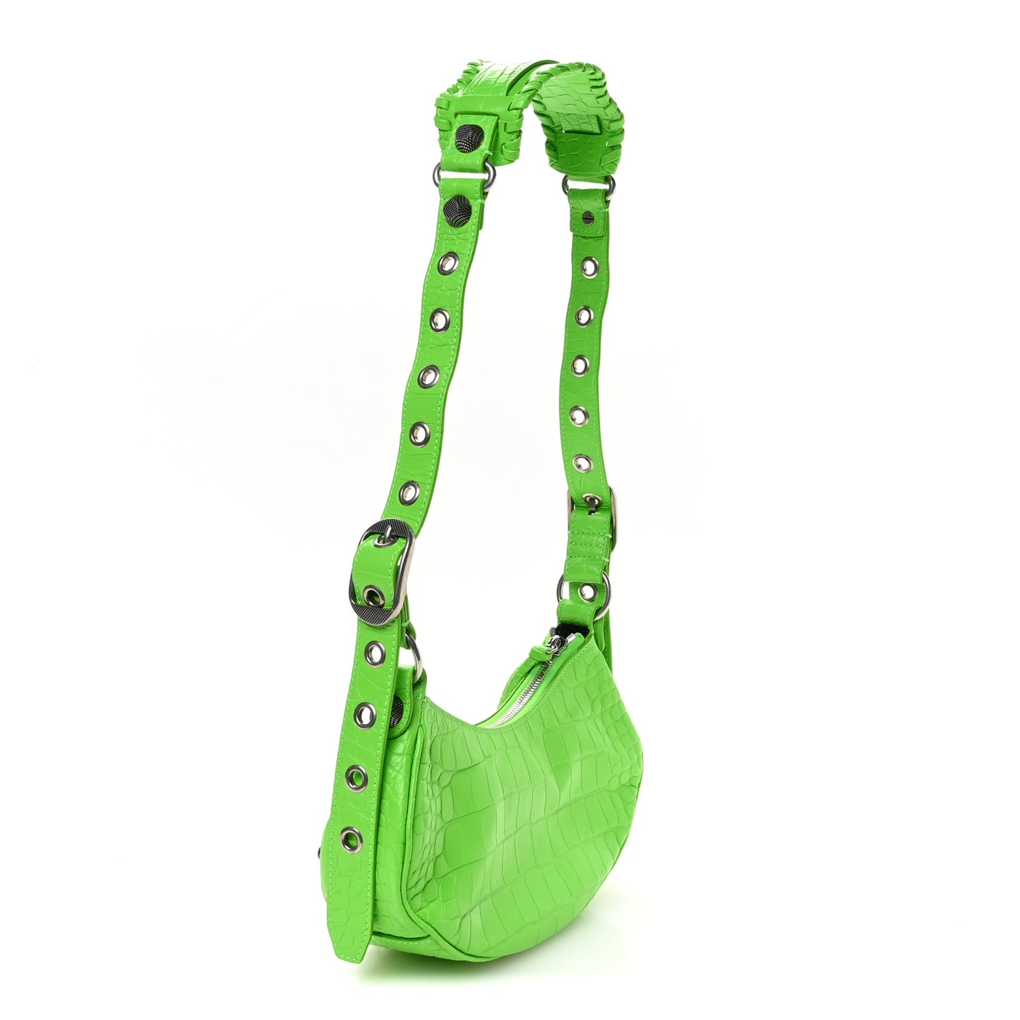 Extra Supple Calfskin Crocodile Embossed Le Cagole Shoulder Bag XS Acid Green