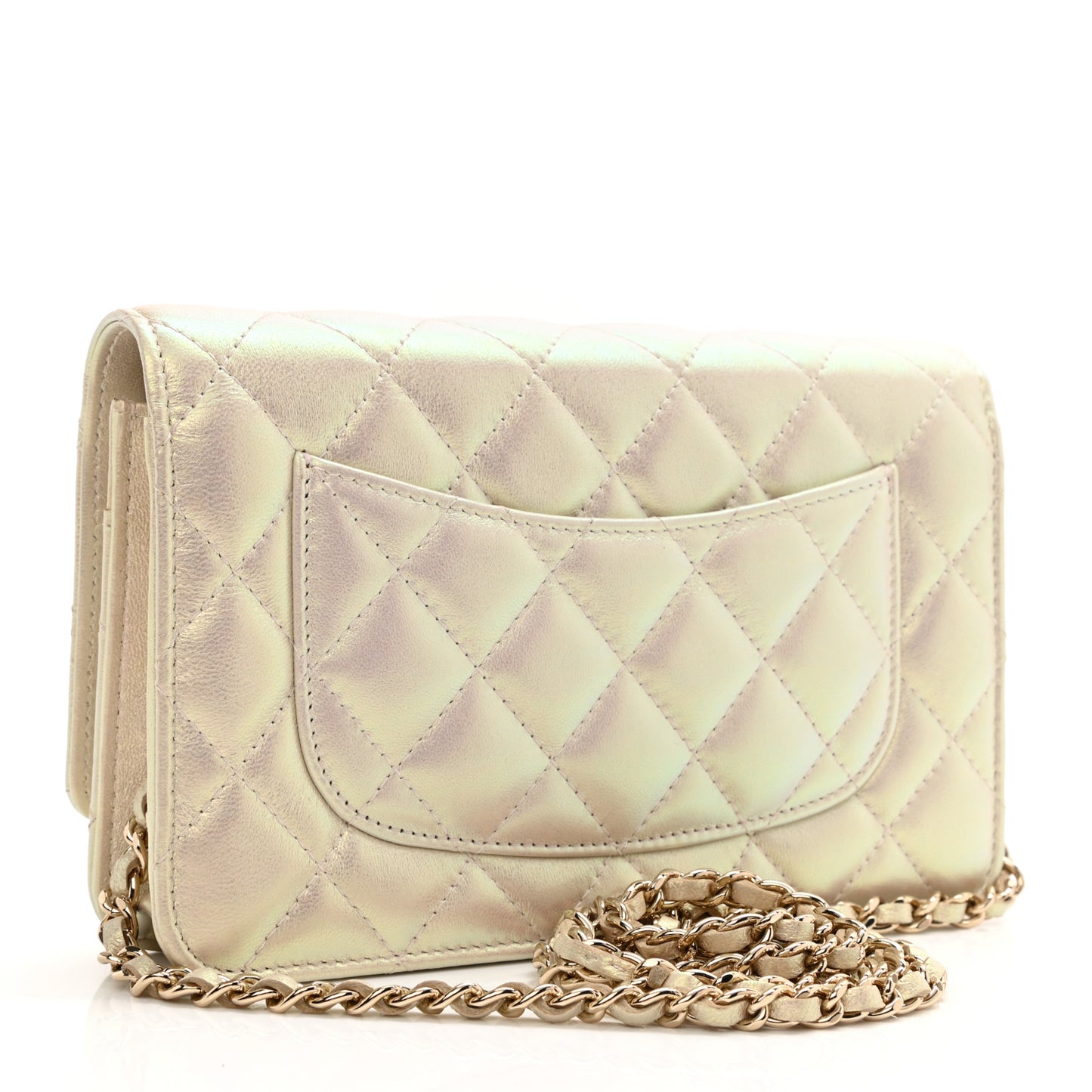 Iridescent Lambskin Quilted Wallet On Chain WOC Ivory