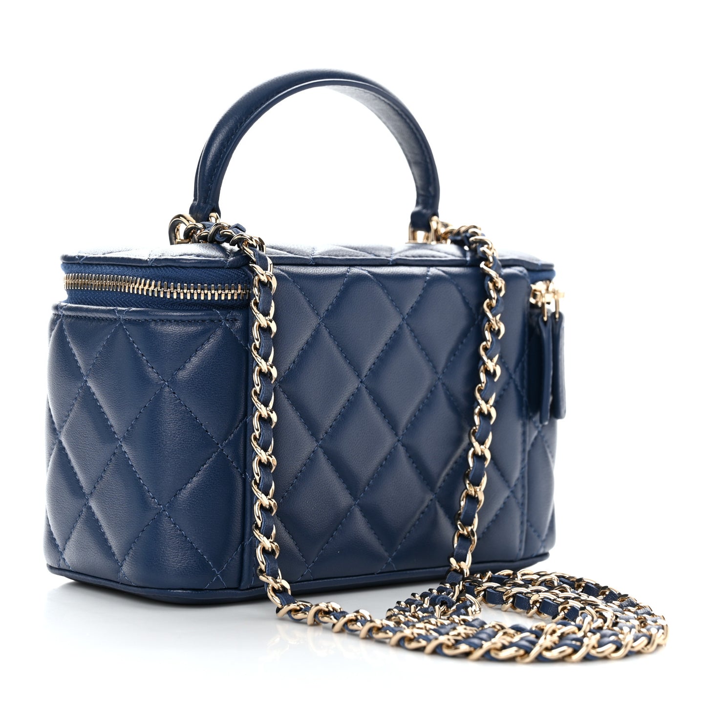 Lambskin Quilted Small Top Handle Vanity Case With Chain Dark Blue