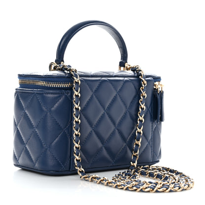 Chanel Lambskin Quilted Small Top Handle Vanity Case With Chain Dark Blue 2 of 11