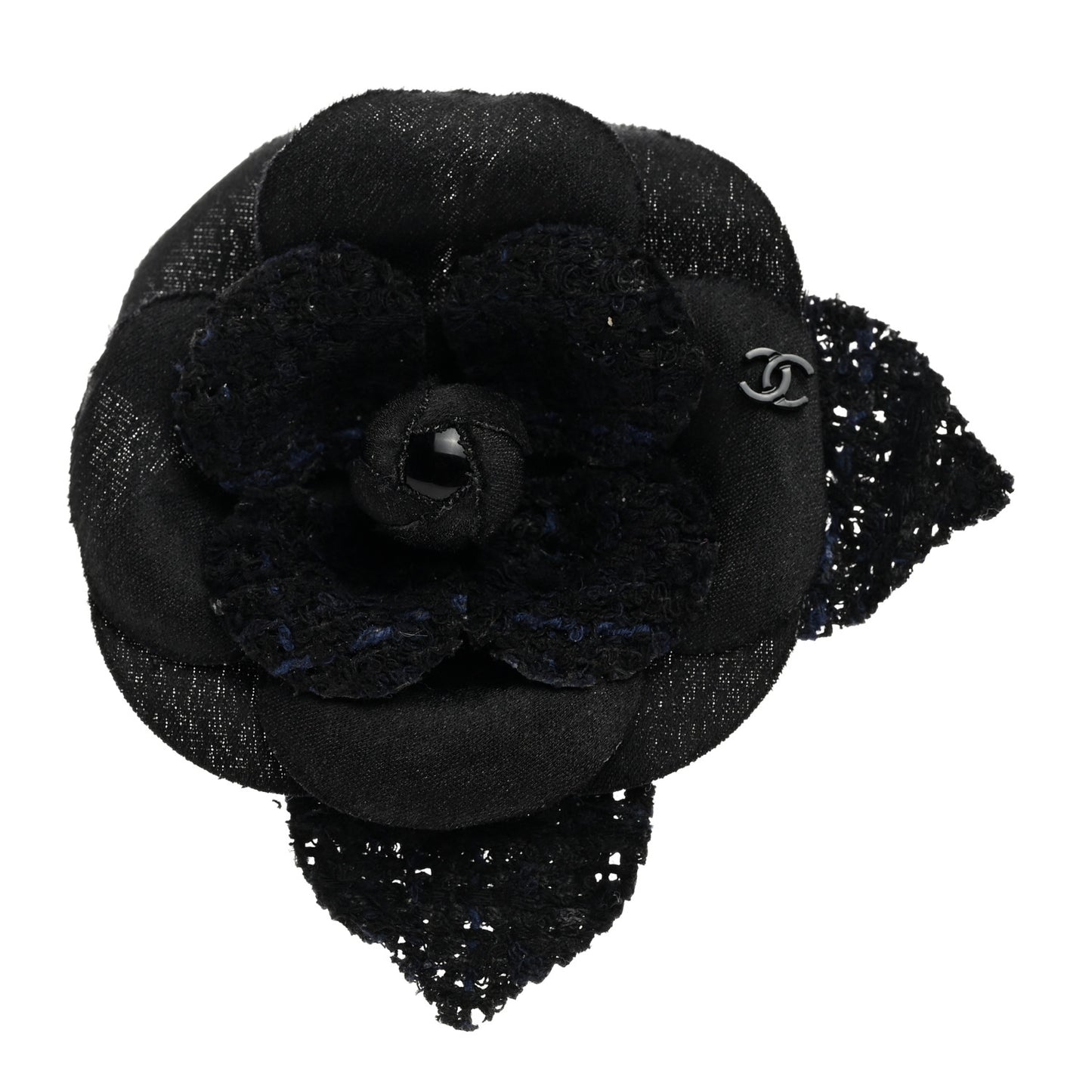 Tweed Fabric Camellia Pin Brooch Navy Blue Black