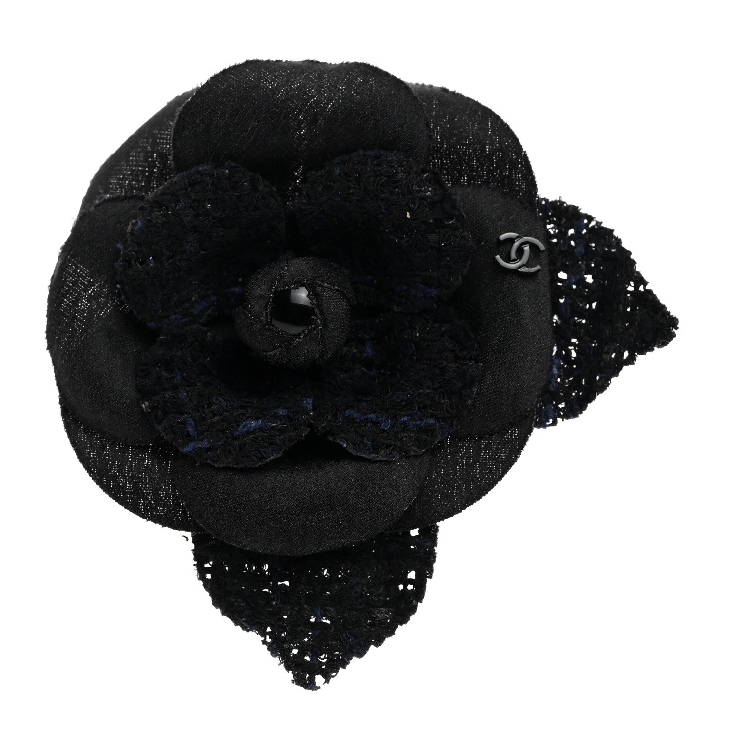 Chanel Tweed Fabric Camellia Pin Brooch Navy Blue Black 1 of 3