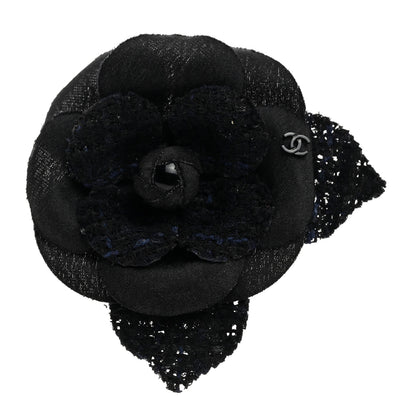 Chanel Tweed Fabric Camellia Pin Brooch Navy Blue Black 1 of 3