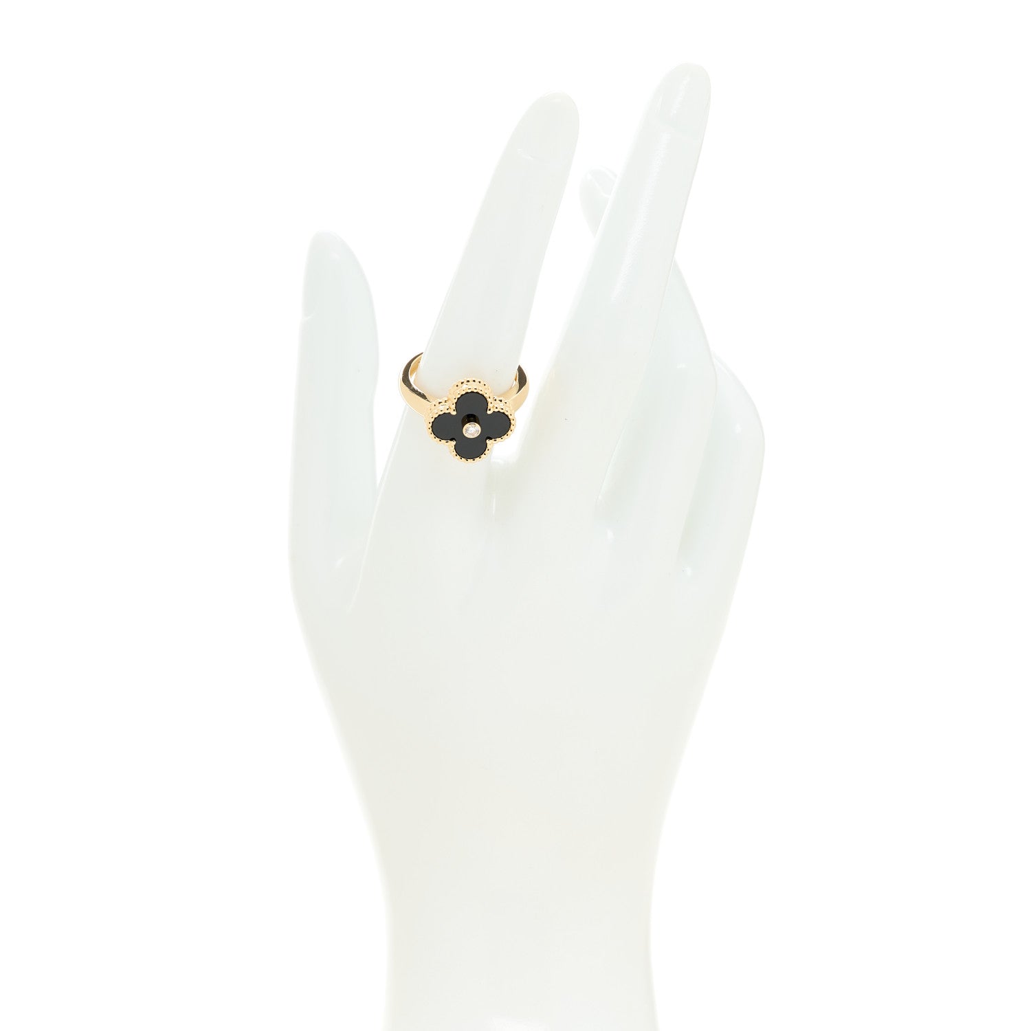 Van Cleef & Arpels 18K Yellow Gold Diamond Black Onyx Vintage Alhambra Ring 55 7.25 2 of 5