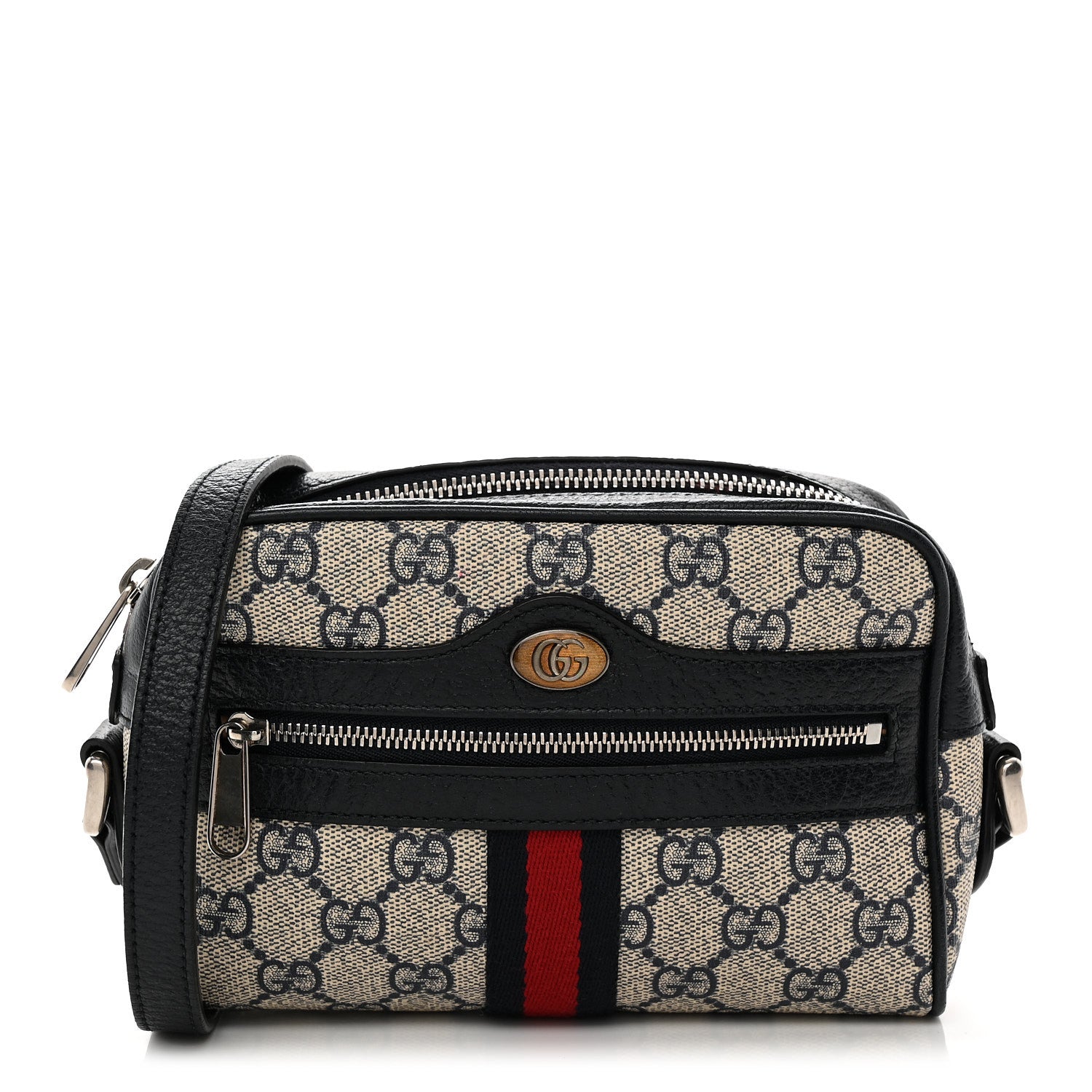 Gucci GG Supreme Monogram Textured Dollar Calfskin Web Mini Ophidia Shoulder Bag Beige Blue 1 of 15