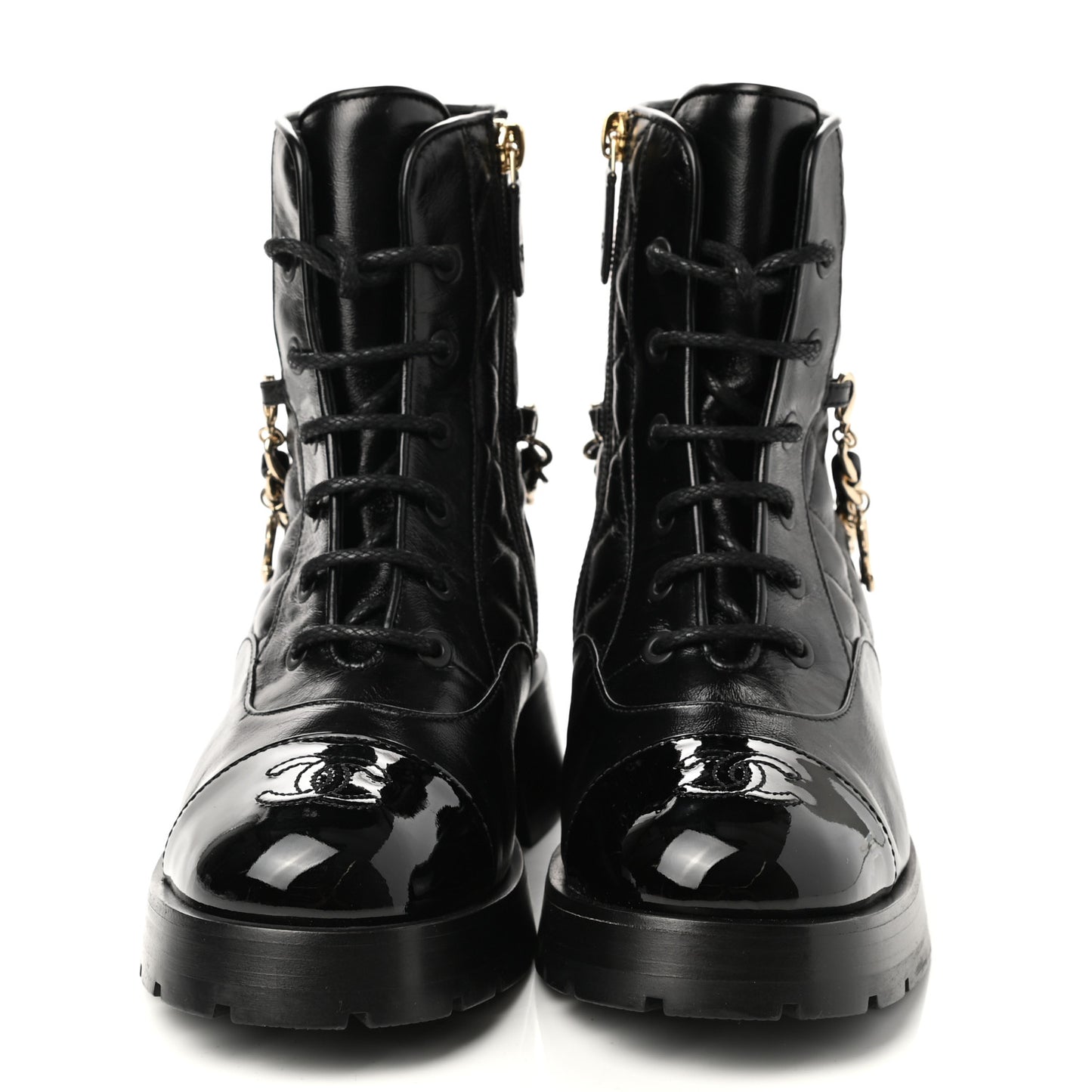 Shiny Calfskin Patent Quilted Chain Lace Up Combat Boots 35 Black