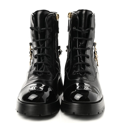 Chanel Shiny Calfskin Patent Quilted Chain Lace Up Combat Boots 35 Black 2 of 8