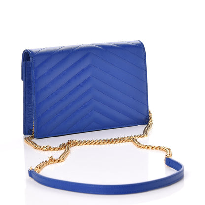 Saint Laurent Grain De Poudre Matelasse Chevron Monogram Envelope Chain Wallet Blue Majorelle 2 of 7