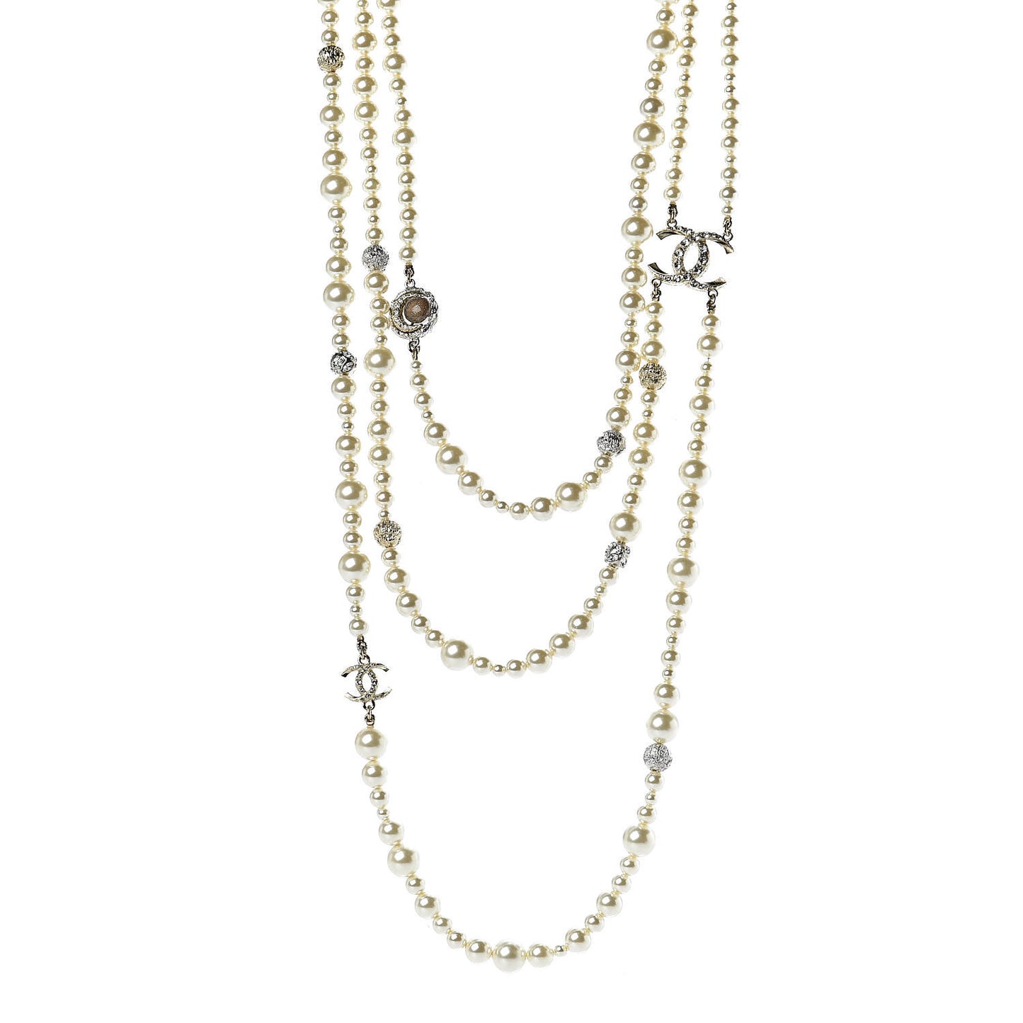 Graduated Pearl Crystal CC Multi Strand Necklace Gold