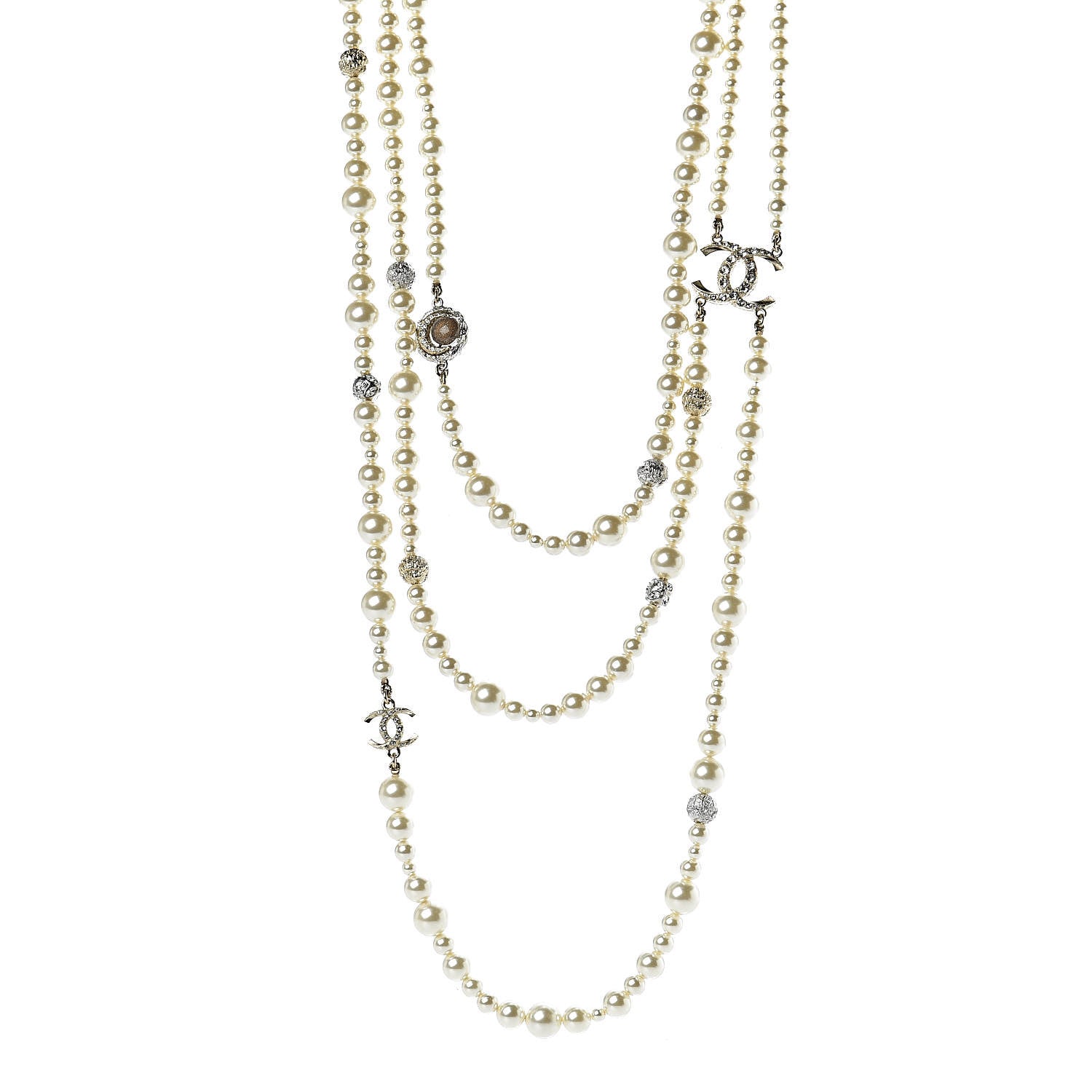 Chanel Graduated Pearl Crystal CC Multi Strand Necklace Gold 1 of 6