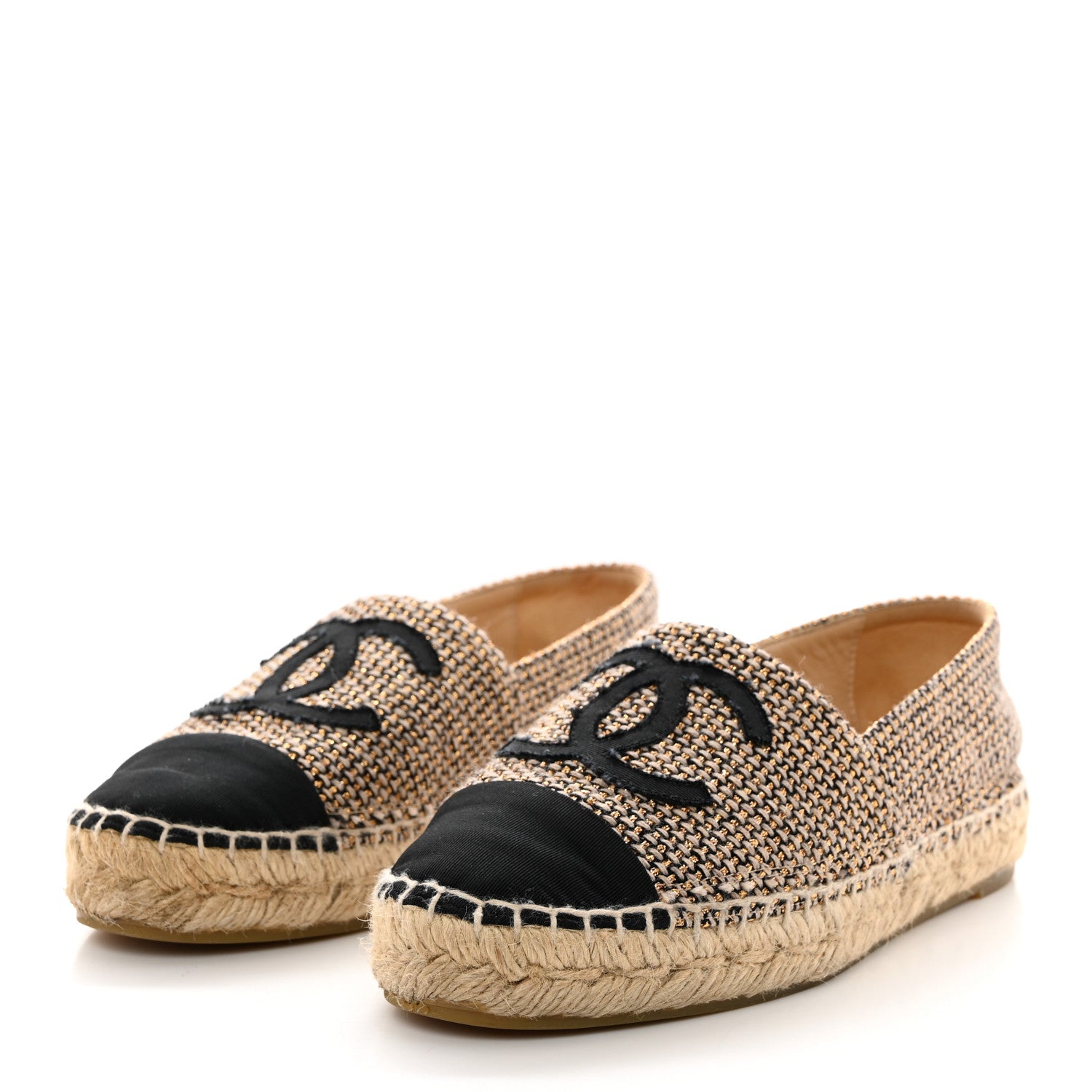 Chanel Metallic Tweed Grosgrain CC Espadrilles 35 Beige Black 3 of 9