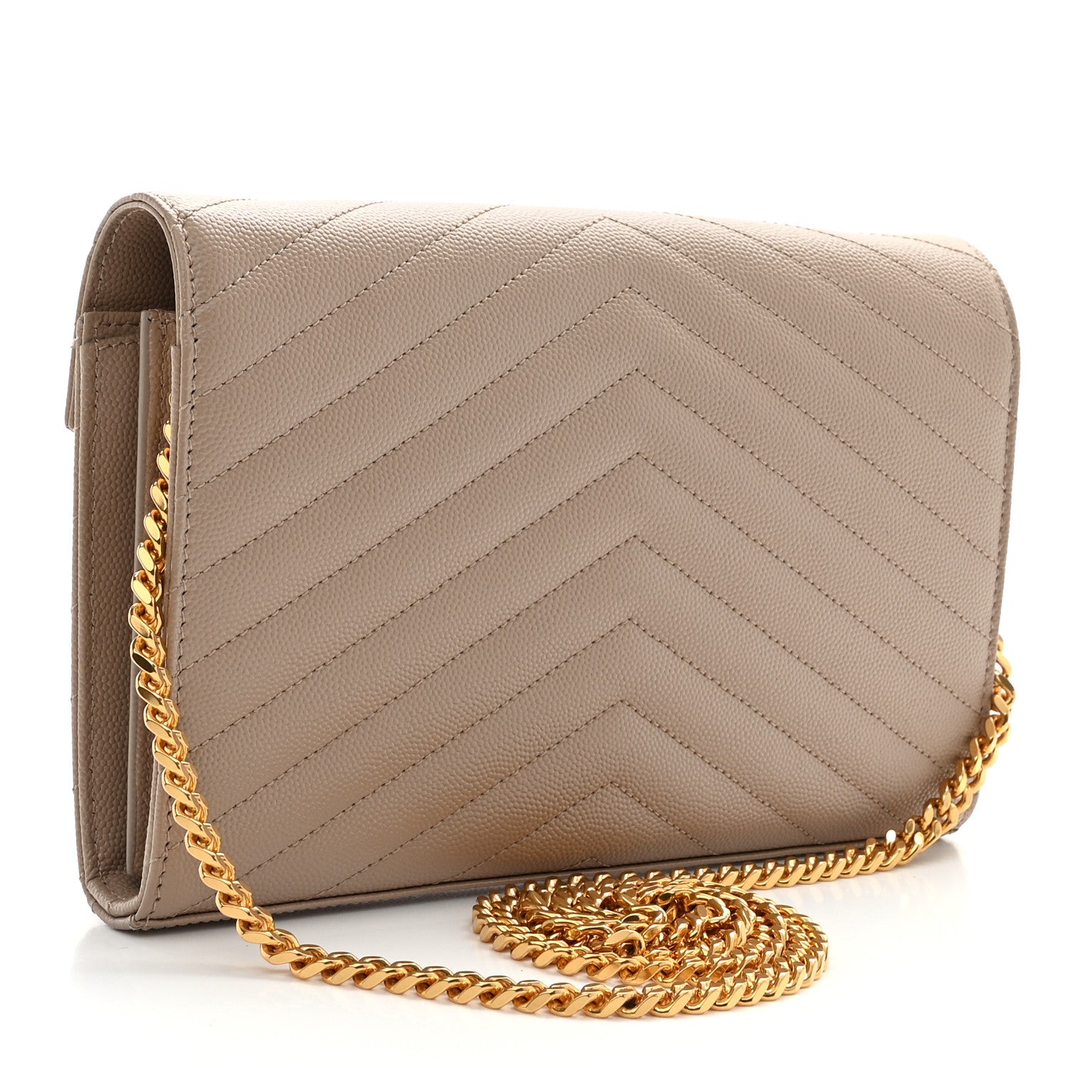 Saint Laurent Grain De Poudre Matelasse Chevron Monogram Chain Wallet Dark Beige 2 of 11