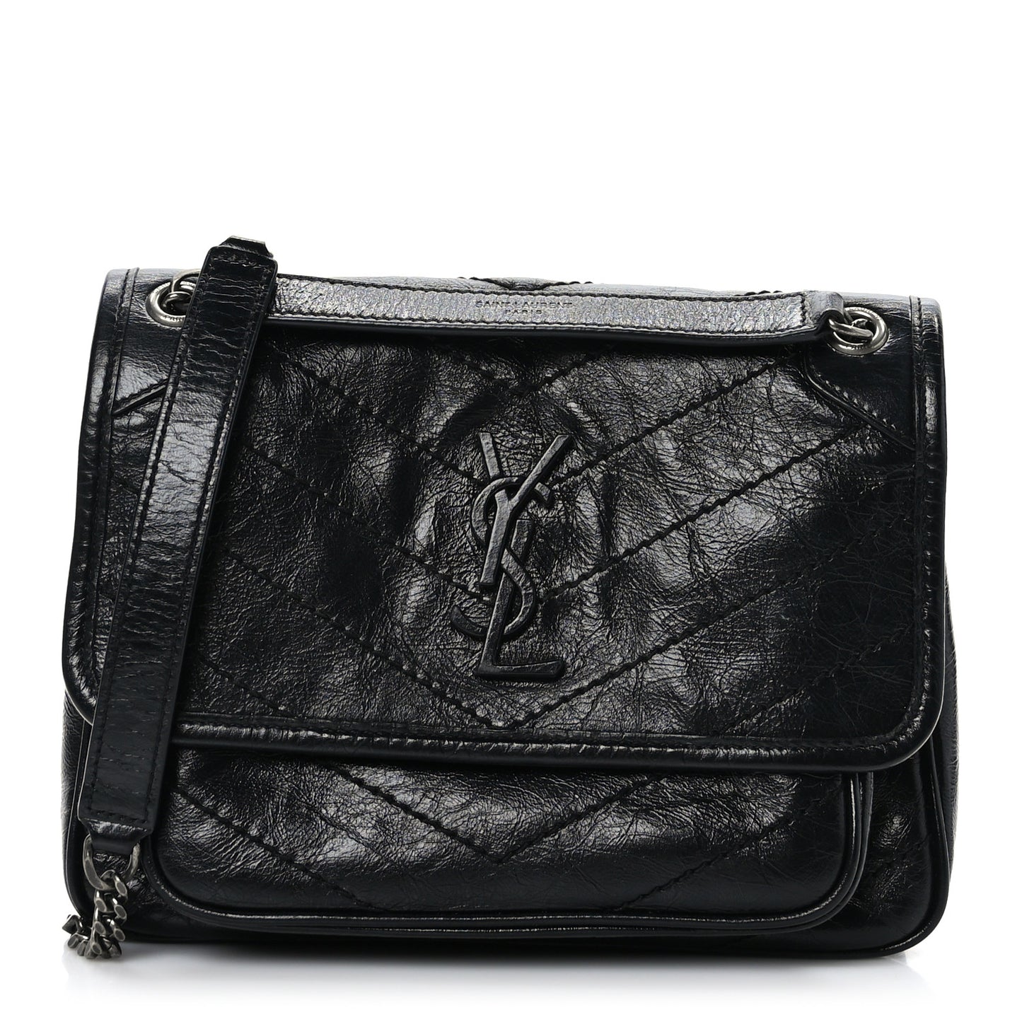 Crinkled Lambskin Matelasse Monogram Baby Niki Chain Satchel Black